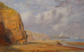 GEORGE WEATHERILL (1810-1890), FIGURES ON THE BEACH BY CLIFFS, PROBABLY WHITBY, oil on card, framed.