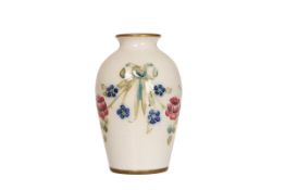 A WILLIAM MOORCROFT MINIATURE VASE IN THE EIGHTEENTH CENTURY PATTERN, of shouldered ovoid form,