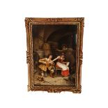 A KPM PORCELAIN PLAQUE, LATE 19TH CENTURY, painted with three figures in weinkeller,