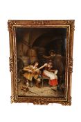 A KPM PORCELAIN PLAQUE, LATE 19TH CENTURY, painted with three figures in weinkeller,