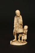 A JAPANESE IVORY OKIMONO, MEIJI PERIOD, carved as man holding a basket and sickle,