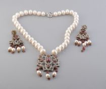 A CULTURED PEARL, RUBY AND DIAMOND NECKLACE,