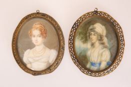 TWO PORTRAIT MINIATURES: the first oval, of a lady in Regency costume with turban and blue sash,