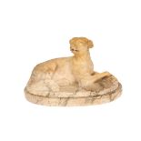 A SIENNA MARBLE MODEL OF A SEATED HOUND, 19th CENTURY, modelled seated on an integral oval plinth.