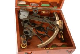 A BRASS SEXTANT, SIGNED LAWRENCE & MAYO, LONDON, with silvered vernier, 8-inch radius,