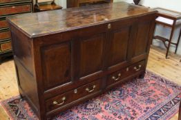 AN 18TH CENTURY OAK MULE CHEST, with four panel front above two drawers, the sides panelled,