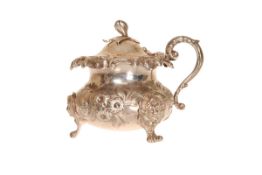 A LARGE EARLY VICTORIAN SILVER MUSTARD, IN THE ROCOCO REVIVAL TASTE, CHARLES GORDON, LONDON 1840,