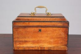 A GEORGE III MAHOGANY TEA CADDY, the stepped lid with brass swan-neck handle,