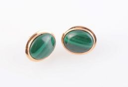A PAIR OF MALACHITE EARRINGS, each oval cut malachite simply collet set on post and scroll fittings.