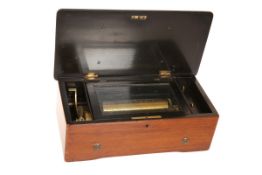A 19TH CENTURY INLAID MUSIC BOX, with 6¼-inch pinned cylinder, ratchet winder and one-piece comb.