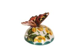 A WEMYSS WARE POTTERY BUTTERFLY PAPERWEIGHT, signed by Brian Adams, further inscribed Exon,