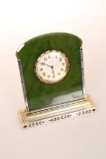 AN ART DECO STERLING SILVER AND JADE CLOCK, SIGNED CARTIER,