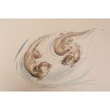 EILEEN ALICE SOPER (1905-1990), A SWIRL OF OTTERS, watercolour with pencil, unframed. 17.