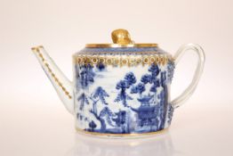 A CHINESE EXPORT BLUE AND WHITE TEAPOT, of moulded circular section,