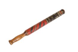 A PAINTED WOODEN TRUNCHEON, PROBABLY 19th CENTURY, of characteristic form, with turned handle,