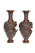 A PAIR OF STRIKING JAPANESE PATINATED BRONZE VASES, MEIJI PERIOD, c.