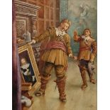 ENGLISH SCHOOL, TWO FIGURES IN AN INTERIOR LOOKING AT A PORTRAIT, monogrammed (TM or MT),