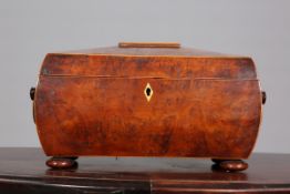 AN EARLY 19TH CENTURY BURR YEW TEA CADDY, of bombé form with ring handles and flattened bun feet,