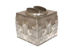 ARCHIBALD KNOX FOR LIBERTY & CO A TUDRIC PEWTER BISCUIT BOX AND COVER, CIRCA 1905, of square form,