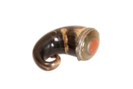 A SCOTTISH HORN SNUFF MULL, the curly horn with white-metal mount (probably silver),