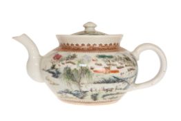 A CHINESE PORCELAIN TEAPOT, painted with village and river scene,