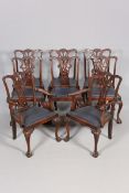 A SET OF EIGHT CHIPPENDALE STYLE CARVED MAHOGANY DINING CHAIRS, LATE 19TH/EARLY 20TH CENTURY,