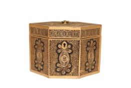 A GEORGE III ROLLED PAPERWORK TEA CADDY, LATE 18th CENTURY, of hexagonal form,