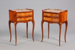 A GOOD PAIR OF FRENCH MARBLE-TOPPED OCCASIONAL TABLES, with slightly bowed fronts,
