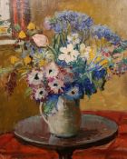 MARY ETHEL HUNTER (1878-1936), STILL LIFE OF FLOWERS IN A JUG ON A TABLE, signed, oil on board,