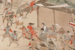 A CHINESE WATERCOLOUR PAINTING, possibly 19th Century, depicting a procession. 30.5cm by 72.