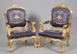 A PAIR OF FRENCH GILT AND UPHOLSTERED ARMCHAIRS IN 18TH CENTURY STYLE,
