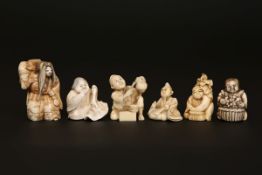 A COLLECTION OF SIX JAPANESE IVORY FIGURAL NETSUKES, Meiji period. (6) Largest 5.