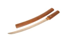 A JAPANESE SWORD BLADE, with signature to the tsuka, in a wooden scabbard. Length overall 46.