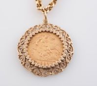A GOLD SOVEREIGN NECKLACE, the 1909 half sovereign in a loose mount on a 9 carat gold chain. 60.
