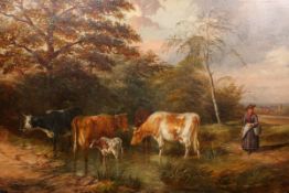 SAMUEL JOSEPH CLARK (1834-1912), CATTLE WATERING AND LADY WITH A MILK PAIL, signed and dated 1876,