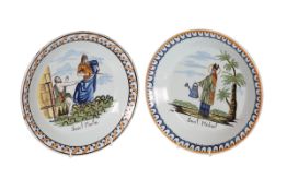 A PAIR OF FRENCH FAIENCE PLATES DECORATED WITH SAINTS, 19th CENTURY, one inscribed "Saint Martin",