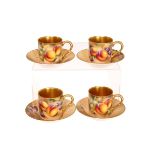 A SET OF FOUR ROYAL WORCESTER FRUIT PAINTED CABINET COFFEE CANS AND SAUCERS, painted by Roberts,