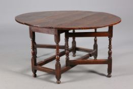 A GOOD 18TH CENTURY OAK GATELEG TABLE, with D-shaped drop leaves,