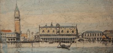 A PAIR OF PENCIL SIGNED COLOUR ETCHINGS OF VENICE, framed. Each plate 7.