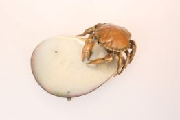 AN UNUSUAL PATINATED BRASS AND MOTHER-OF-PEARL CRAB DISH,