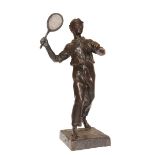 A FRENCH BRONZE MODEL OF A MALE TENNIS PLAYER, EARLY 20th CENTURY, modelled with racket aloft,