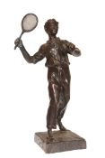 A FRENCH BRONZE MODEL OF A MALE TENNIS PLAYER, EARLY 20th CENTURY, modelled with racket aloft,