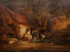 MANNER OR GEORGE MORLAND (1763-1804), FAMILY BY THATCHED COTTAGE, with pigs, ducks and dog,