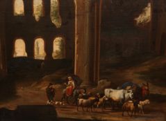 FOLLOWER OF JAN FRANS SOOLMAKER (1635-1685), FLEMISH FIGURES DROVING ANIMALS AMONGST RUINS.