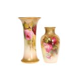 TWO ROYAL WORCESTER ROSE DECORATED VASES, the first painted by Kitty Blake, shape number G923,