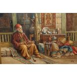 ORIENTALIST SCHOOL, STREET SELLER, signed with a monogram (TM or MT), watercolour, framed.