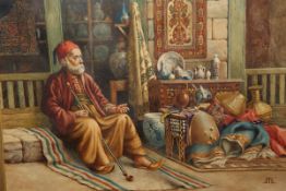 ORIENTALIST SCHOOL, STREET SELLER, signed with a monogram (TM or MT), watercolour, framed.