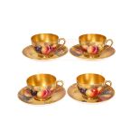 A SET OF FOUR ROYAL WORCESTER FRUIT PAINTED CABINET TEACUPS AND SAUCERS, painted by J.