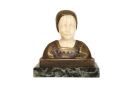 A CONTINENTAL PATINATED BRONZE AND IVORY FIGURAL DESK PAPERWEIGHT, EARLY 20th CENTURY,
