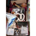 Three boxes of collectables including shells, brushes, lighters,